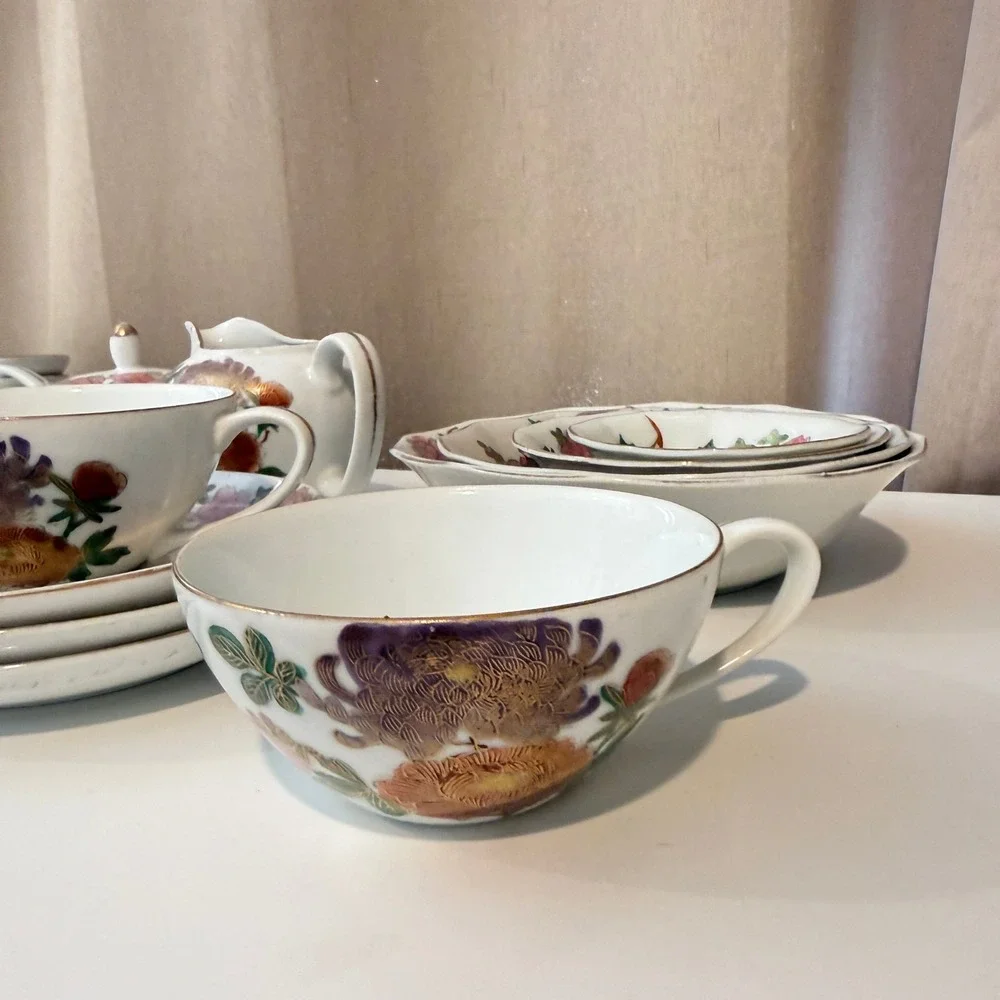 Vintage Japanese Kutani Porcelain Tea Set Floral Chrysanthemum Gold Gilt